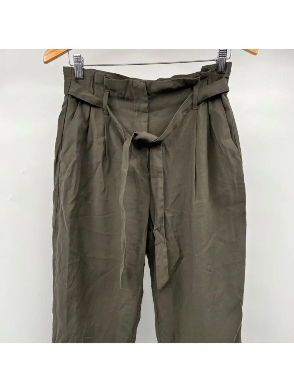H&M Womens Paperbag Pants Belted High Rise Green Size 6 Pockets